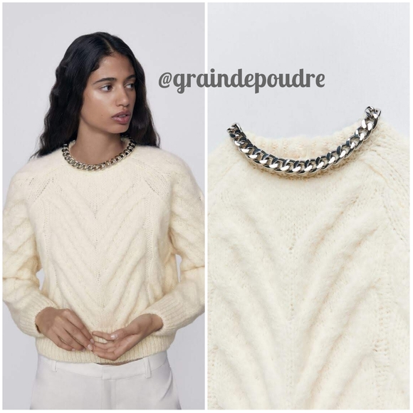 Rare Zara Limited Ed Ivory Silver Chain Collar Wool & Alpaca Cableknit Sweater S - Picture 1 of 1